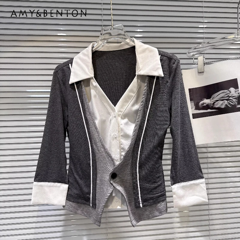 

Модная женская рубашка с V-образным вырезом и отложным воротником, имитация двухслойности, весна 2026, новая коллекция, универсальная, для создания милого и стильного образа