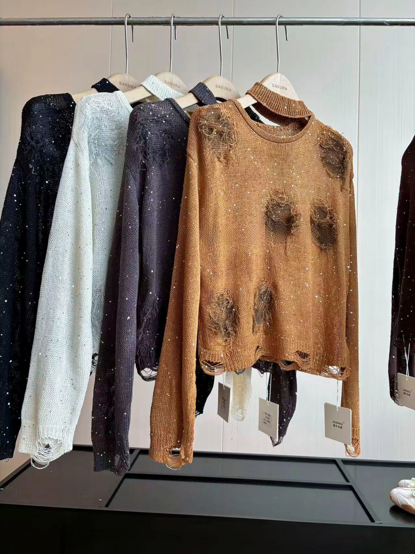 DIYI Design Sparkling Sequin Water Diamond Hole Micro Translucent Knitted round Neck Long Sleeve Wool Cashmere Overhead Sweater