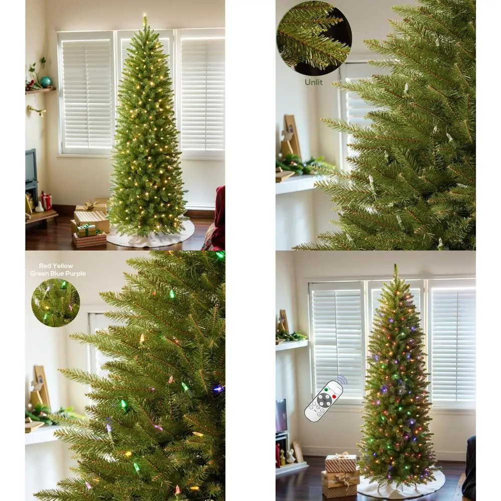 

4-Foot Pre-Lit Slim Spruce Christmas Tree with Remote, 150 Dual-Color LEDs, Hinged Design for Home Holidays
