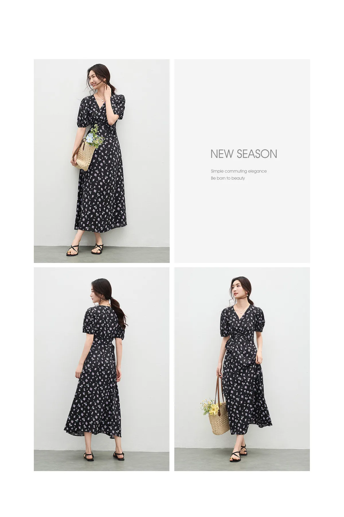 SENTUBILA 2026 Sommer-Blumenkleider für Damen, Französischer V-Ausschnitt, Puffärmel, Elegantes Taillenband, Figurbetontes Bedrucktes Midi-Kleid W62LF7571 – Detail 29