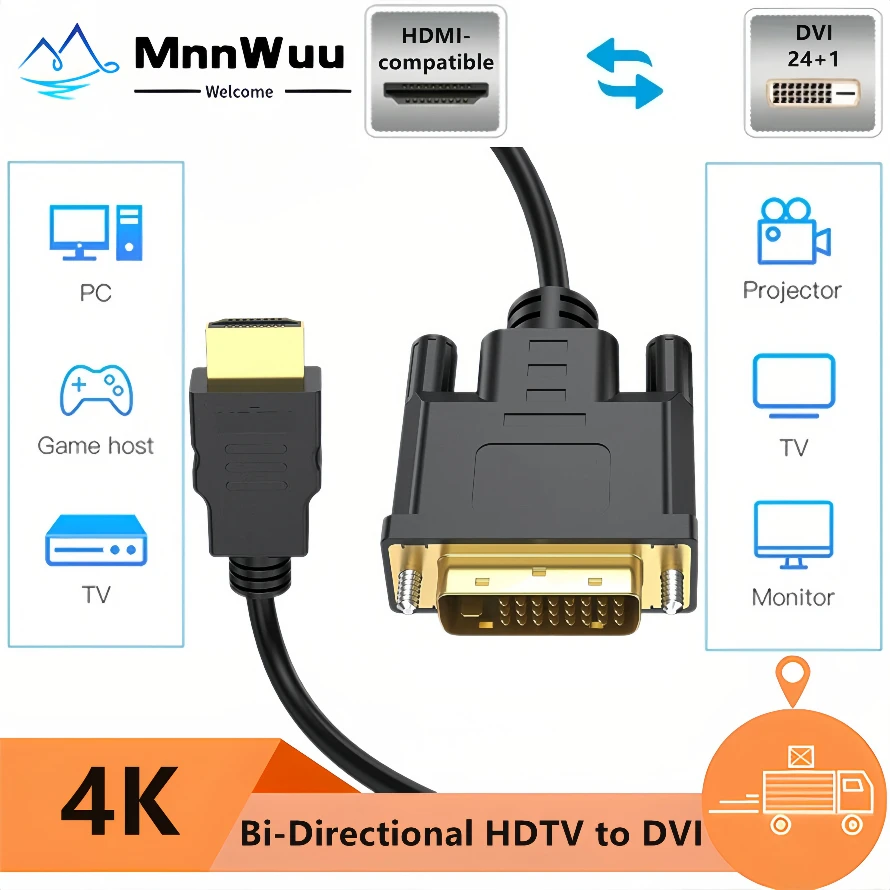 Cable 4K Compatible con HDMI a DVI 1,5 M bidireccional 24 + 1 convertidor adaptador Compatible con DVI-D a HDMI para PC Xbox HDTV DVD portátil