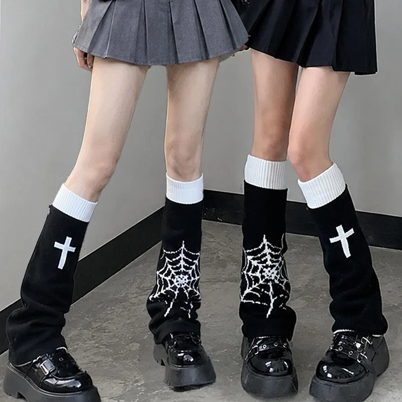Y2K Knit Thigh High Socks for Women Spiderweb Cross Pattern Gothic Streetwear Long Stockings Ribbed Cuff Flared Leg Asymmetrical