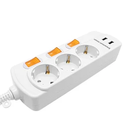 16A 250V Europe Korea Power Strip Surge Protector 3 Outlets 3 Switch 2USB plug 1.5/3meter extension cord