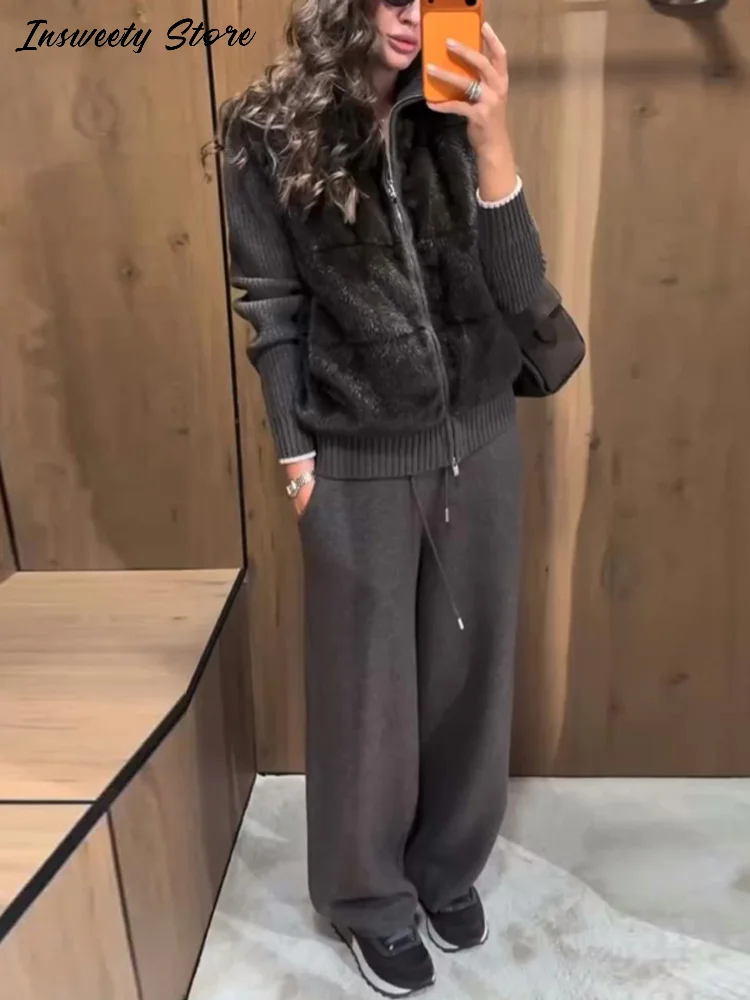 

Модный комплект из двух предметов из искусственного меха, женские однотонные водолазки с длинными рукавами, свободные брюки, весна 2026, новая женская повседневная уличная одежда