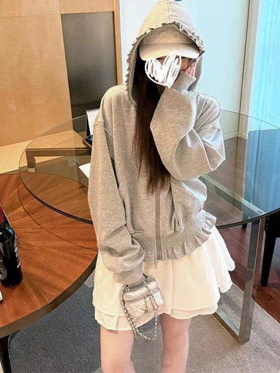 سترة نسائية ذات قلنسوة وسحاب باللون الوردي بتصميم Faion مع أربطة الخصر وأسفل طويلة Sve مريحة تناسب الكورية