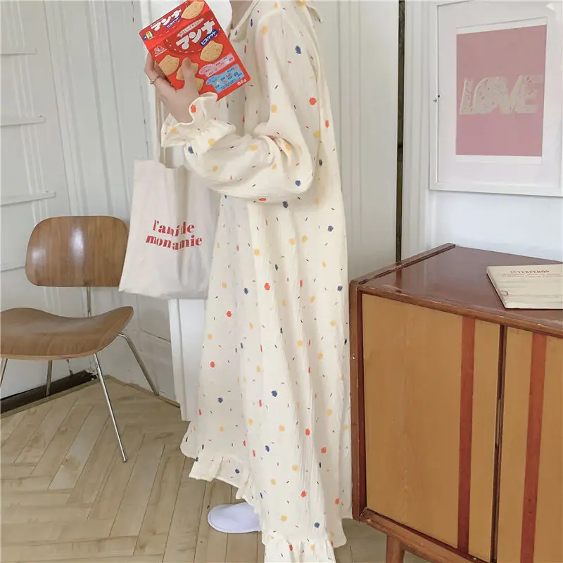 Polka Dot Women Nightgown Korean Sleepwear Ruffle Nightwear Autumn Night Dress Long Sleeve One Piece Pajamas O-neck Home Wear