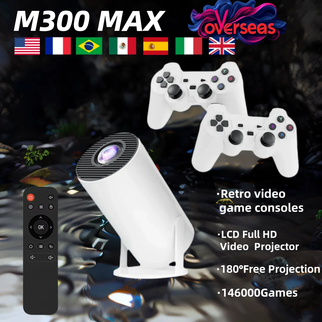 

M300 Max Retro Video Game Consoles Mini Portable Intelligent Android11 System Projector 720p Home Projector 64gb 46000+ Games