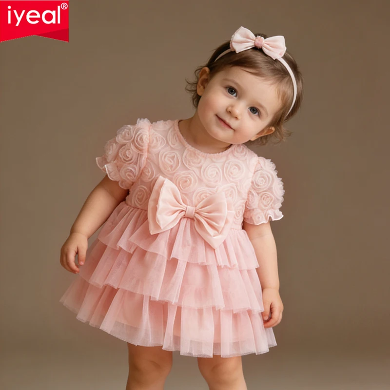 IYEAL  2026 New Girl Summer Princess Dress, Puffy Layered Tulle Cake Dress, Cute Baby Girls Ruffle Sleeve Bow Party Gown