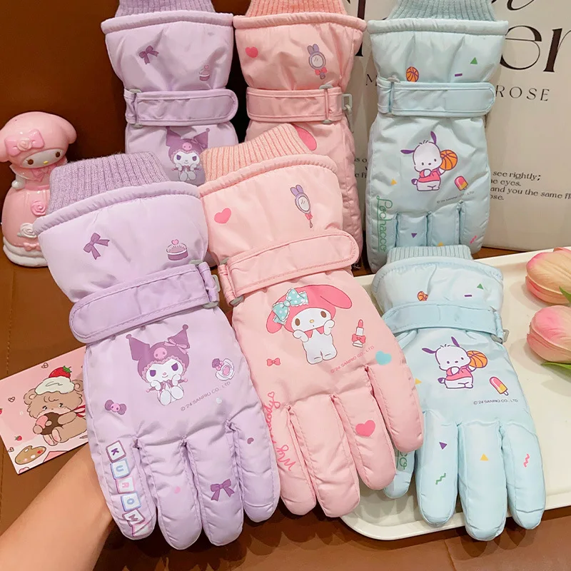 

New Sanrio Kuromi Children's Ski Gloves Waterproof Non-Slip Fall and Winter Thickened Padded Warm Cartoon for Girls 7-12 years