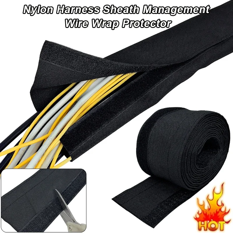 2M Nylon Braided Cable Sleeve Black TPE Velcro Textile Wire Wrap Reusable Insulation Wire Harness Sheath Cable Protector