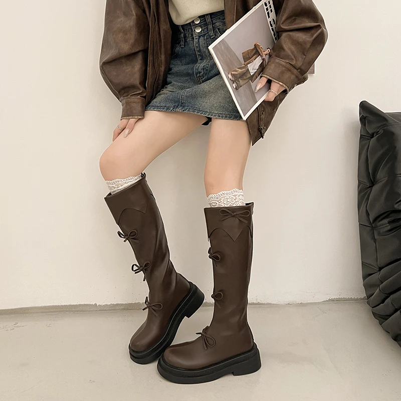 Winter Thick Sole Woman Short Plush High Boot Fashion Butterfly-knot Back Zippers Shoes Women's Slim Knight Long Booties