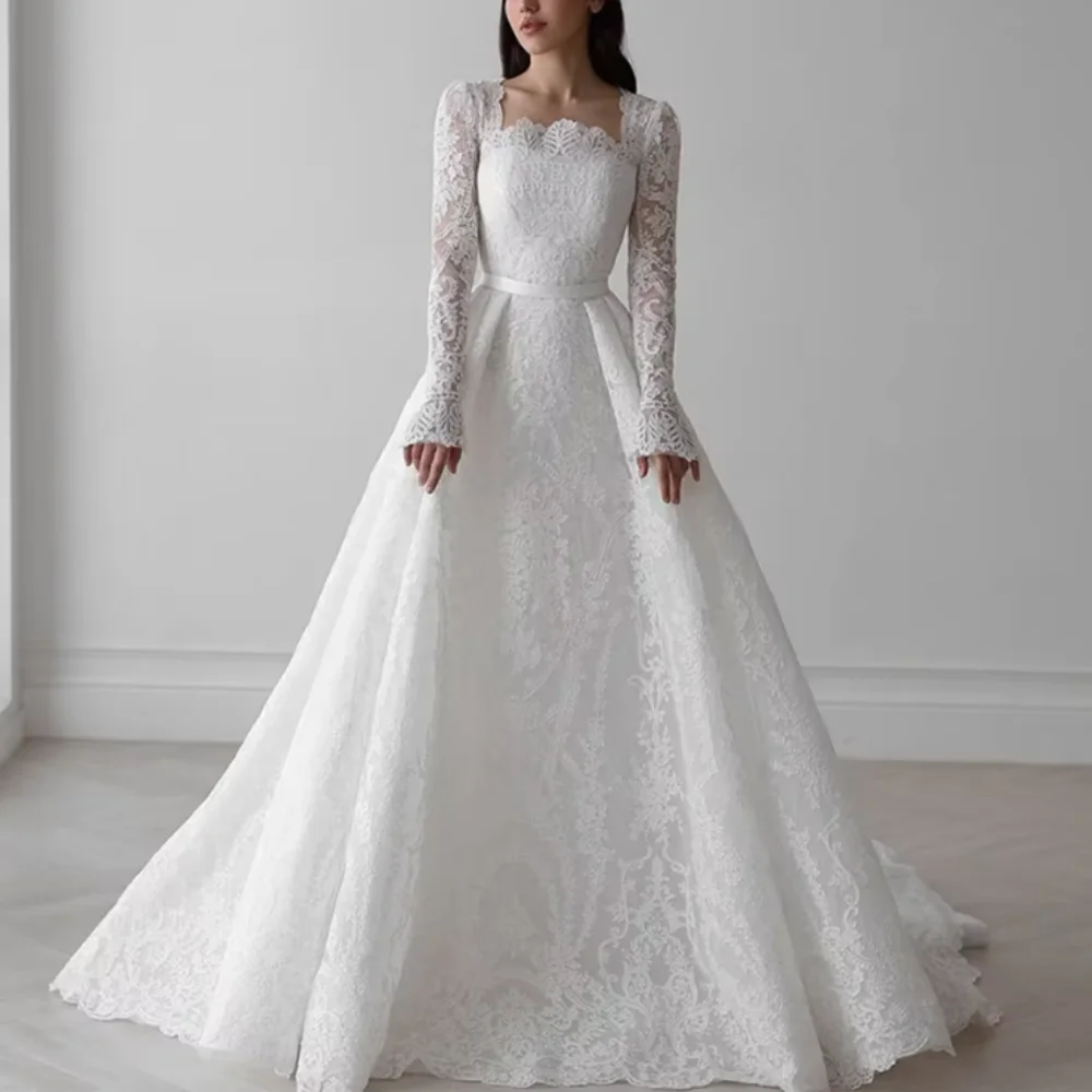 レースのウェディングドレスカスタマイズされた長袖ボタン花嫁ドレスクラシック高級ブライダルドレスフロアレングス Vestidos De Novia