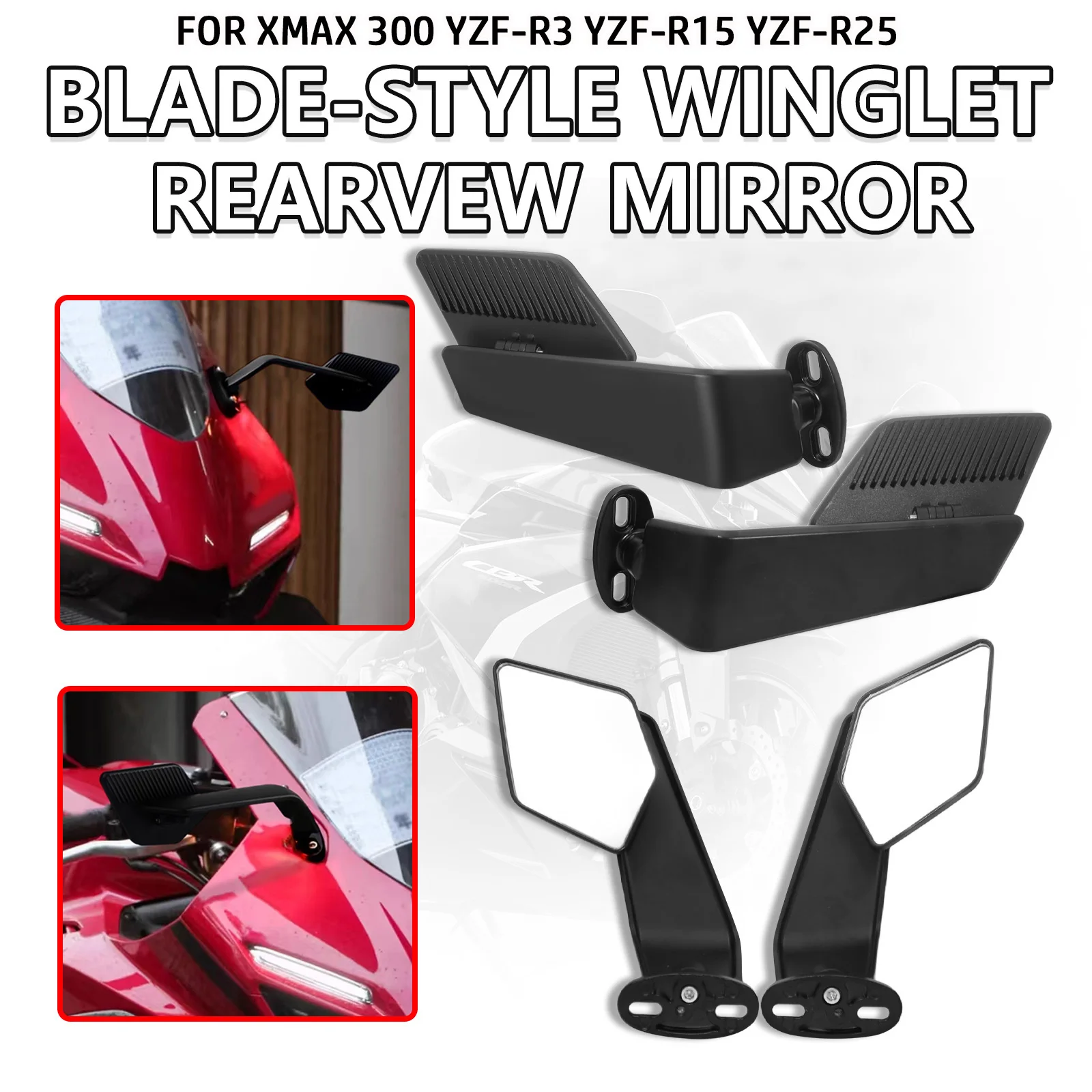For Yamaha XMAX 300 YZF-R3 YZF-R15 YZF-R25 Motorcycle Mirrors Stealth Winglets Mirror Kits Rotate Adjustable Mirrors