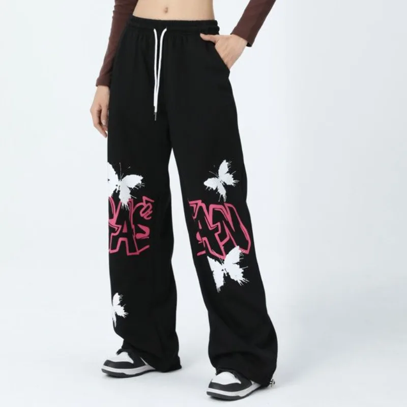 punk doodle butterfly printed y2k pants Elastic waist full length wide leg pants sexy women all-match streetwear loose trousers