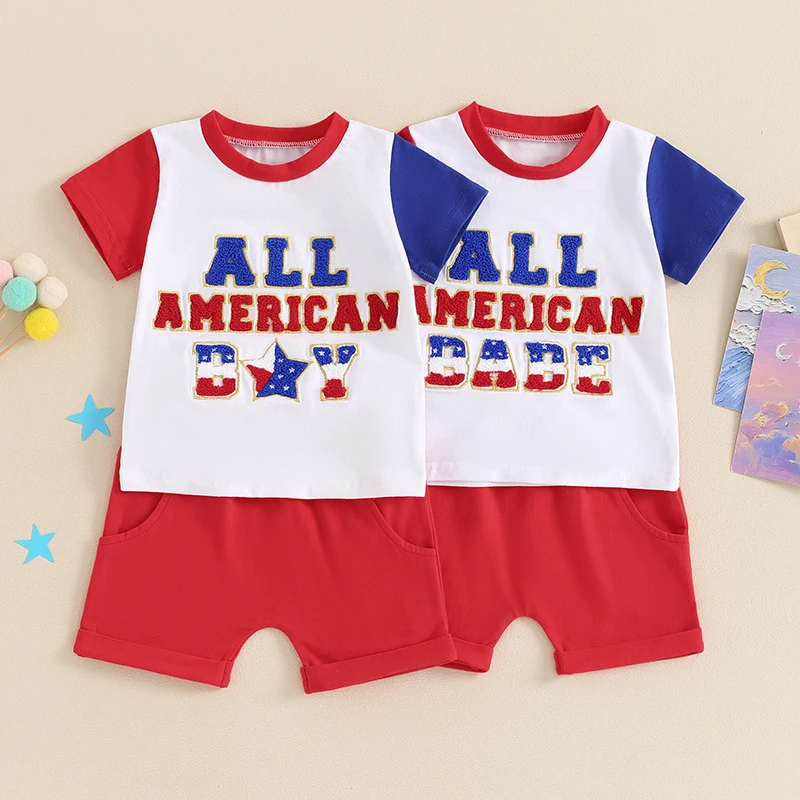 

2024-03-12 Lioraitiin 0-3Y Toddler Boys 4th of July Shorts Sets Short Sleeve Letter Embroidery Tops Red Drawstring Shorts Sets