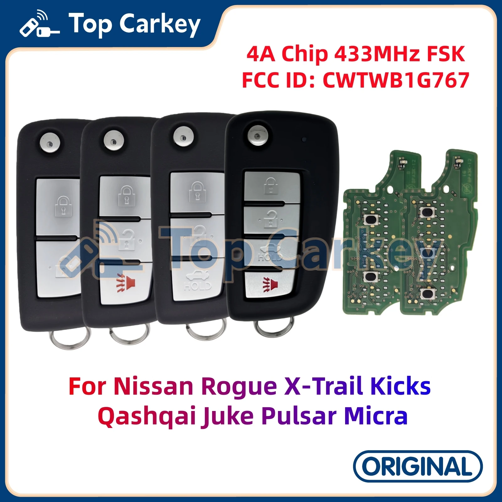 TopCarkey CWTWB1G767 Original Flip Remote Key ID4A 433MHz for Nissan Rogue X-Trail Kicks Qashqai Juke Pulsar Micra