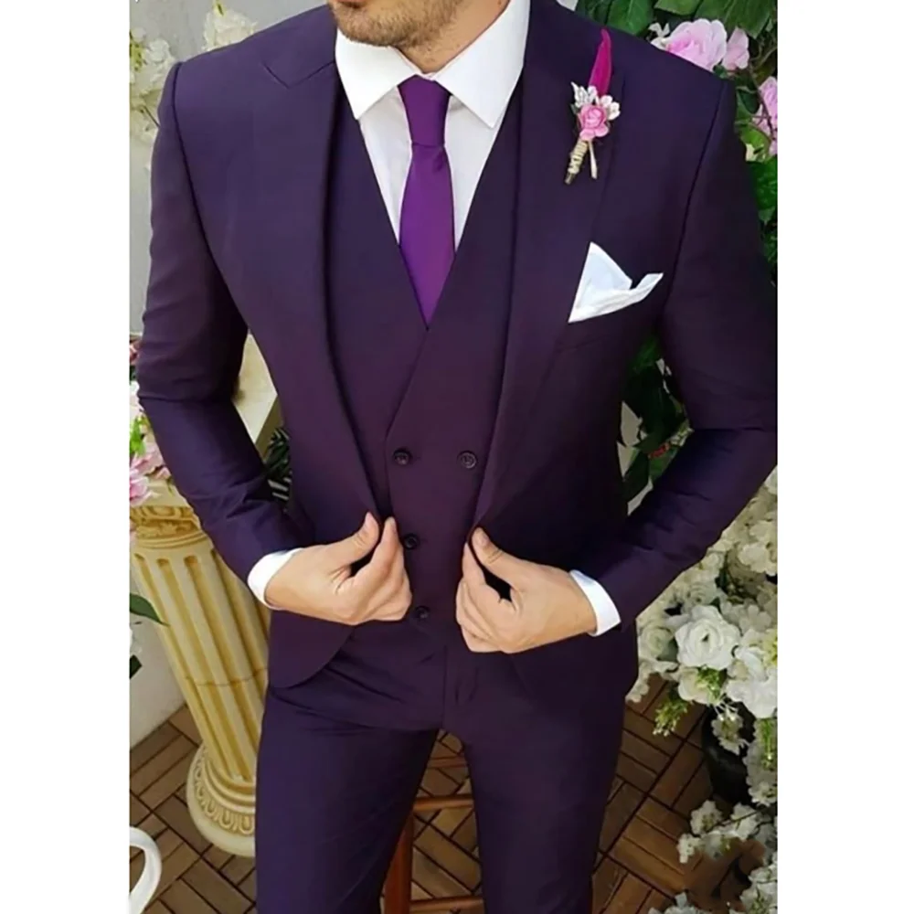 

Men Purple 3 Piecs Suits Wedding Groom Prom Party Tuxedo Blazer Pants Vest Business Formal High Quality Suits