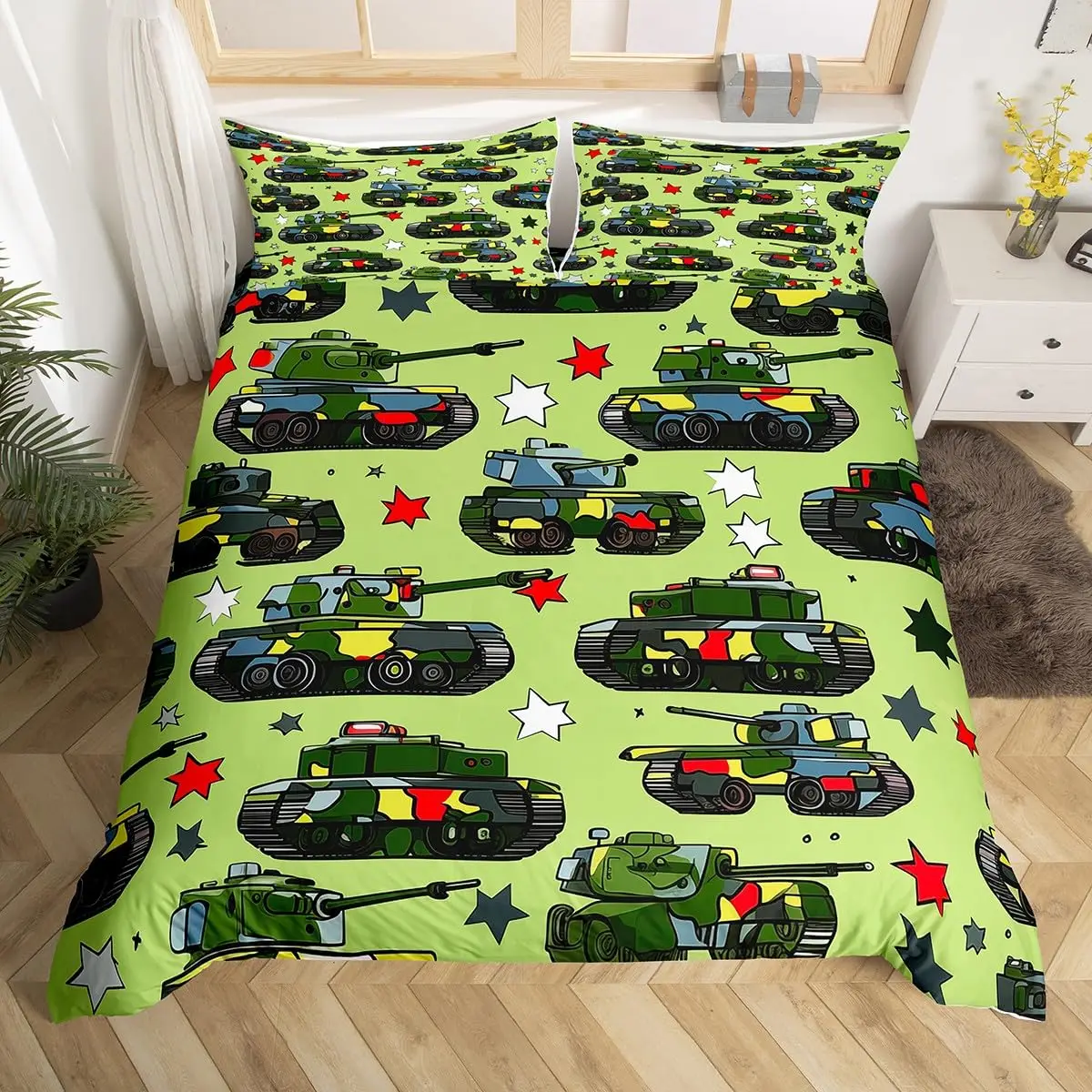 New War Theme US America Army Tank Gun 3D Printed Bedding Set Cozy Duvet Cover King Queen Twin Size Birthday Gift Boy Kid Room D