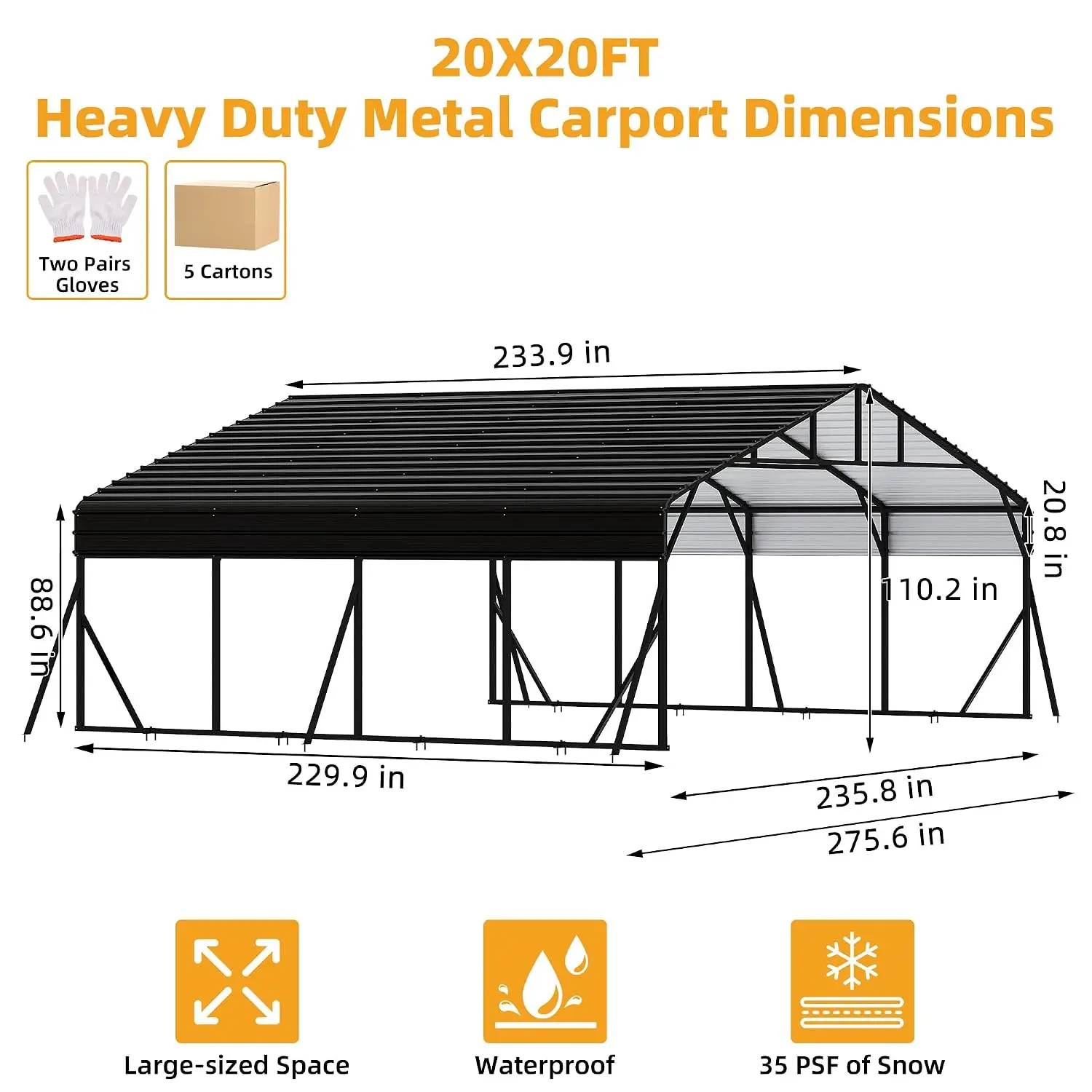 20' x 20' Heavy Duty Metal Carport with Galvanized Steel Roof, Metal Roof Carport with Enhanced Base, Tall MetalCarport, Custom