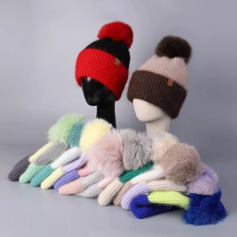 

Autumn Winter Thickened Warm Rabbit Hair Knitted Hat Women's Fashion Fox Hairball Color Matching Wool Ear Protection Beanie Cap