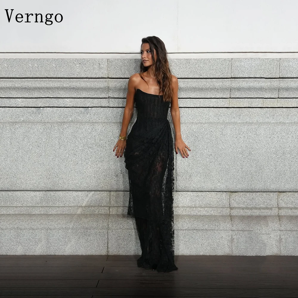 

Verngo Black Lace Evening Dress Strapless Mermaid Formal Occasion Dress Elegant Saudi Arabia Prom Dresses Customized
