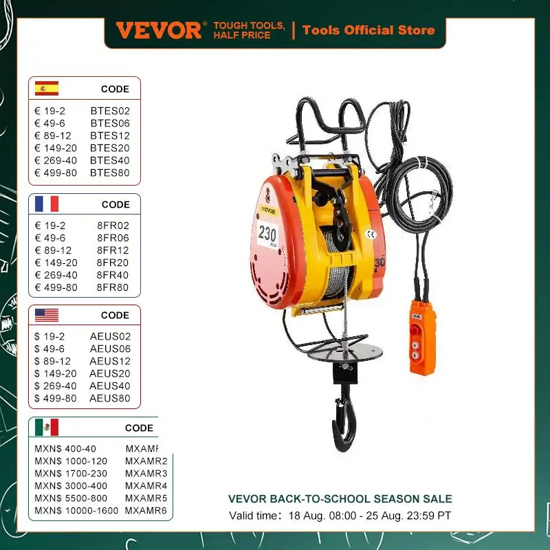 

VEVOR 230Kg/507LBS Electric Hoist Crane with 30M Rope Wire and Wired Remote Control Portable Lift Winch Remote Control Auto Lift