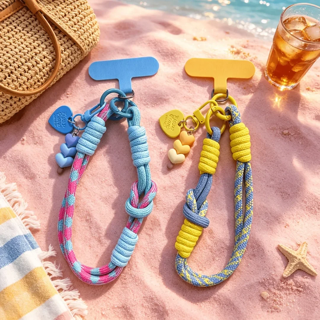 Niedliches handgewebtes universelles Handy-Lanyard, tragbare Handykette mit Farbverlauf-Herzperlen, Anti-Verlust-Handschlaufe, Taschenanhänger-Schlüsselanhänger – Detail 2