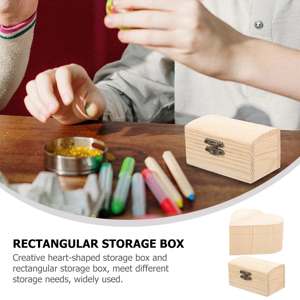 2Pcs Unfinished Wooden Box DIY Unpainted Storage Organizer Heart Shape Rectangular Jewelry Keepsake Craft Small Storage Box
