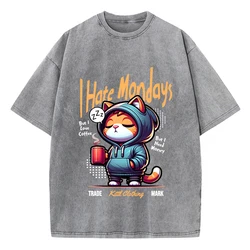 Fashion Woman Washed T-Shirts Cute Cartoons Cat Print Tee Shirts Cotton Distressed Oversize Crewneck Tops Street Female Clothes