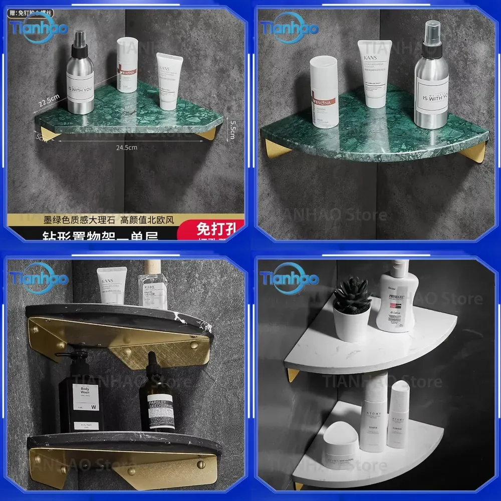 Luxury Marble Bathroom Corner Shelf Wall-Mounted Triangle Organizer Storage Rack for Shower Toilet Space Saving for Apartment