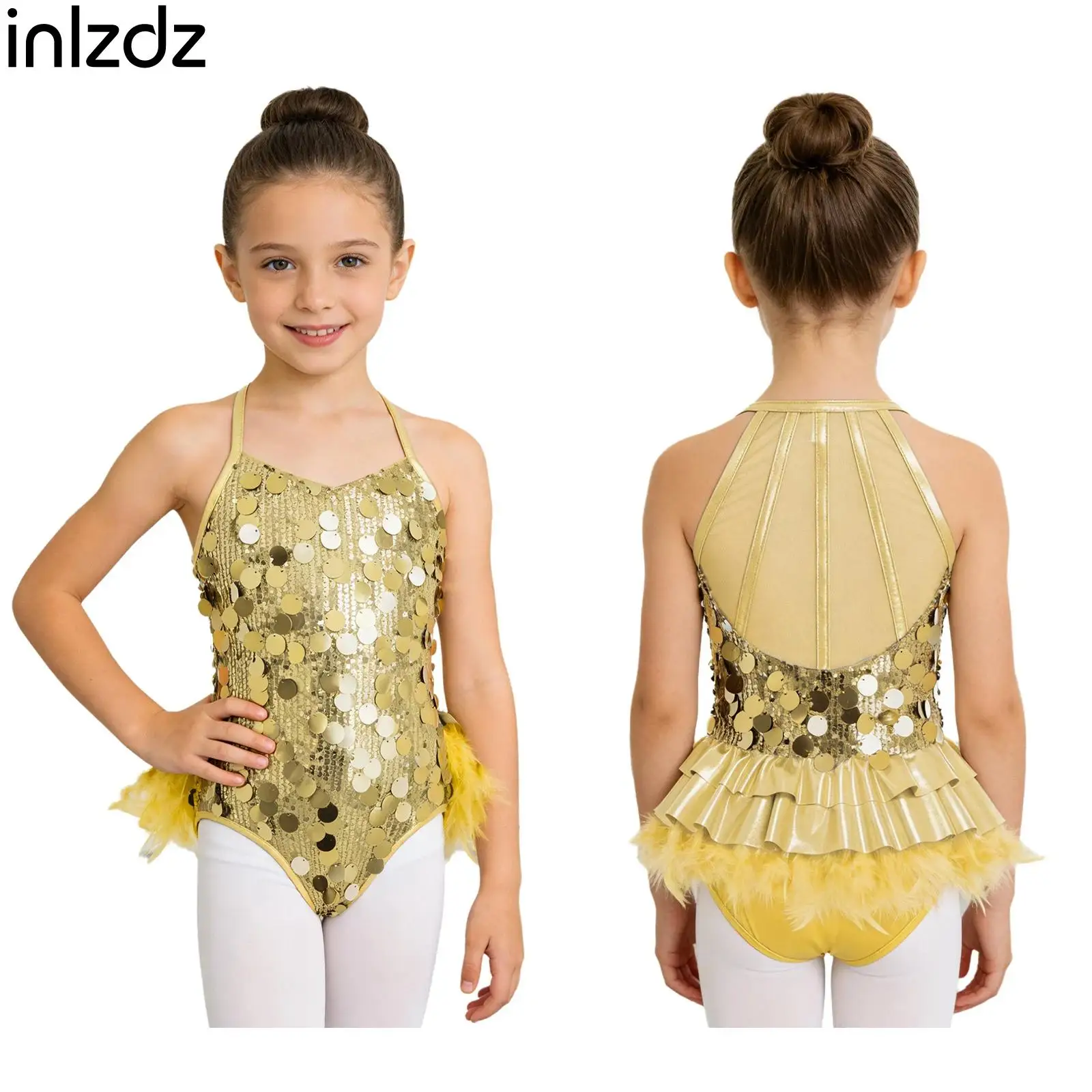 

Детский балетный костюм для девочек: блестящий, с пайетками, без рукавов, для джаза и латины, с юбкой из перьев, танцевальное платье-леотард для бальных танцев