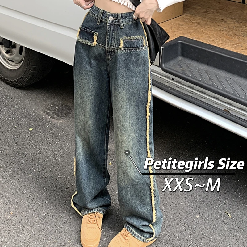 150 Petite girls American vintage furred jeans for women High waisted straight leg wide leg mop xs with a height of nine points