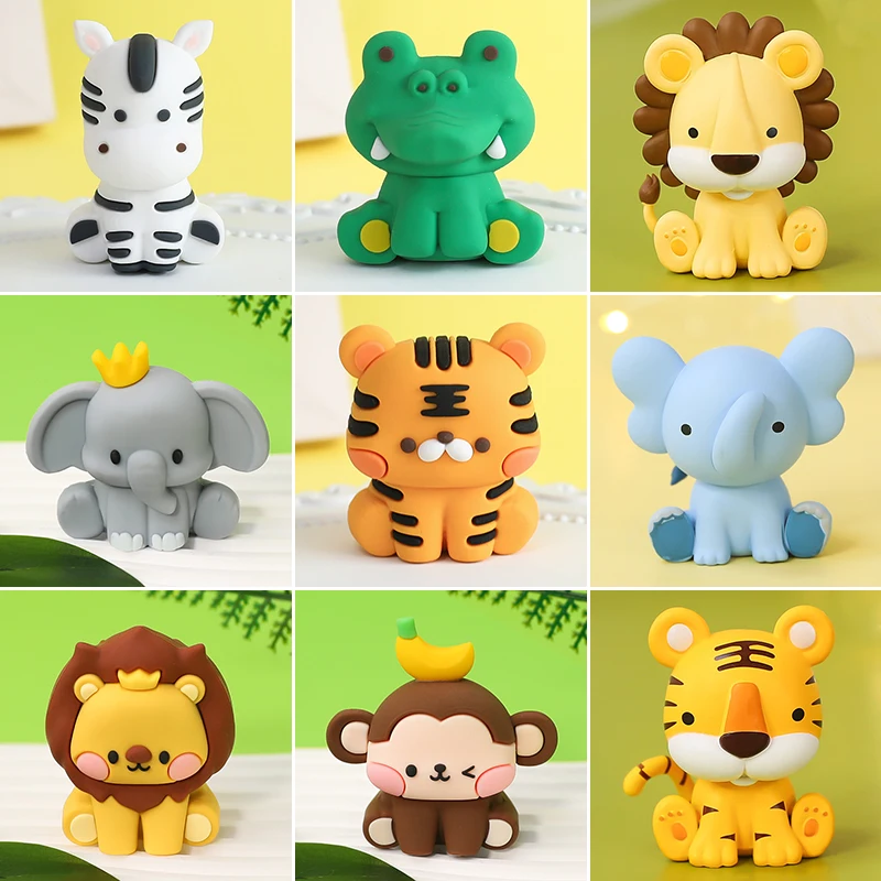 Animal Cartoon Woodland Cute Soft Rubber Ornaments Forest Jungle Safari Dinosaur Cake Topper Home Miniature Doll Car Ornaments