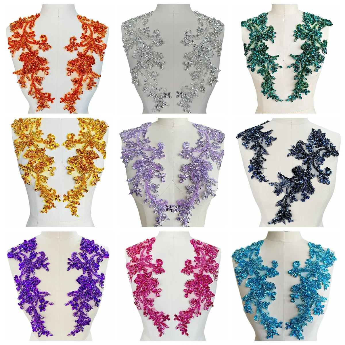 Handmade rhinestone lace appliqué patches, dress embroidery, garment accessories, fabric patches