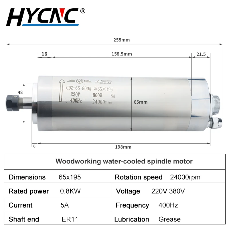 Imagem -03 - Water-cooled Spindle Motor Woodworking Spindle Rolamento Usado para Cnc Router Escultura 220v f 65x195 mm Rolamento 800w Er11