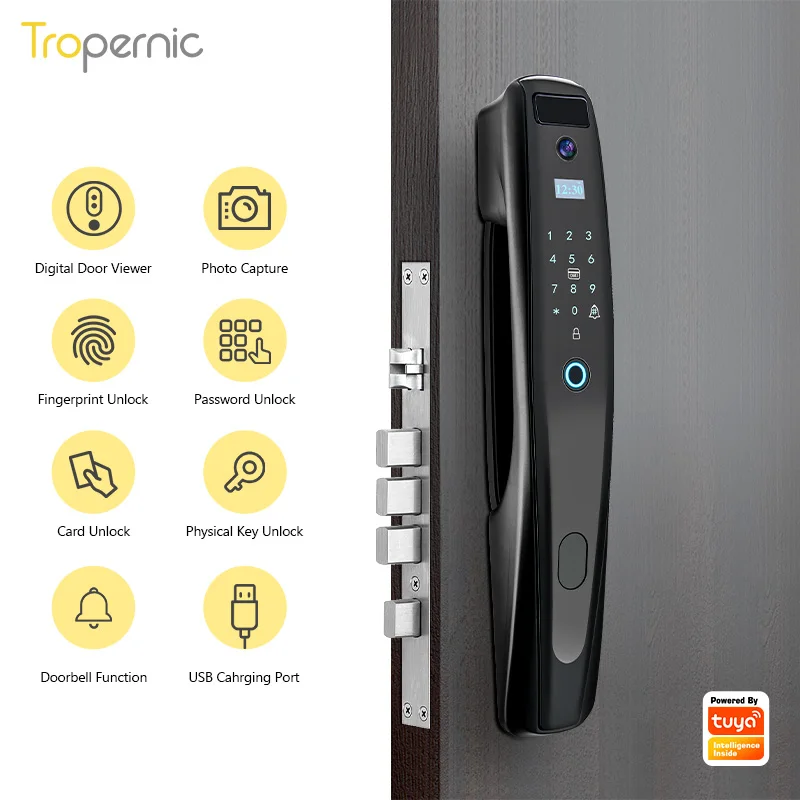 Smart Door Lock With Video Camera And Bell Outdoor Wifi Tuya App Biometric Deadbolt Push And Pull Automatic Lock