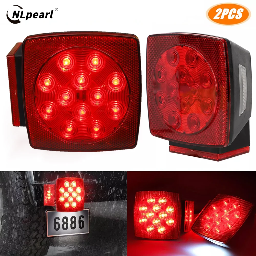 NLpearl 2X Taillight Turn Signal Indicator 12LED Car Number Plate Light Receiver Red Brake Stop Lamp for Van Lorry Trailer Truck