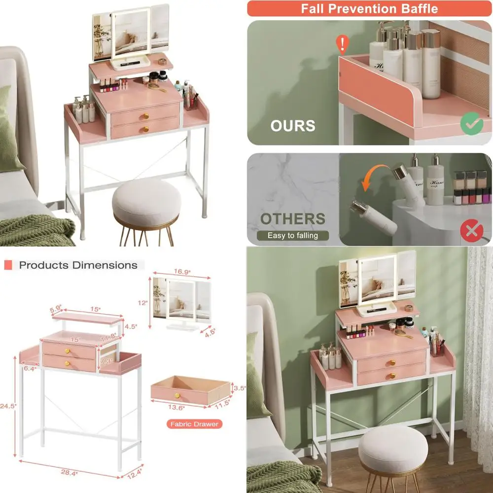 

Компактный розовый туалетный столик для макияжа с зеркалом, подсветкой и регулируемой высотой для небольших помещений