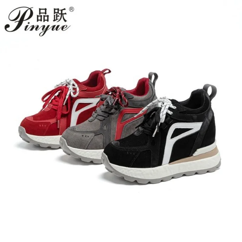 

10cm Women Casual Shoes Platform Sneakers Heel Chunky Heel Genuine Leather Comfortable Non Slip Walking vulcanized shoes 33-40