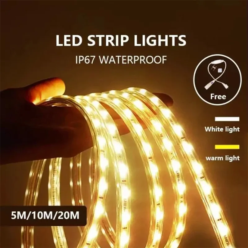 220V Waterproof LED Strip Light High Brightness 5M 10M 20M For Home Decoration Kitchen Outdoor Garden LED Light With EU Plug