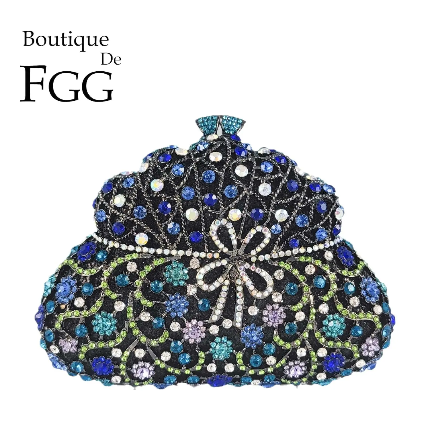 Boutique De FGG Gourd Shape Women Blue Evening Bags and Clutches with Bow Party Rhinestone Minaudiere Handbags Crystal Clutch