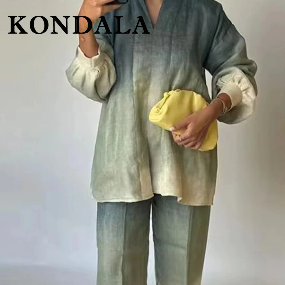 KONDALA Vintage Casual Print Woman 2025 Suit V-Neck Loose Shirt+Elastic Waist Gradient Long Pants Fashion Chic Mujer Elegant Set