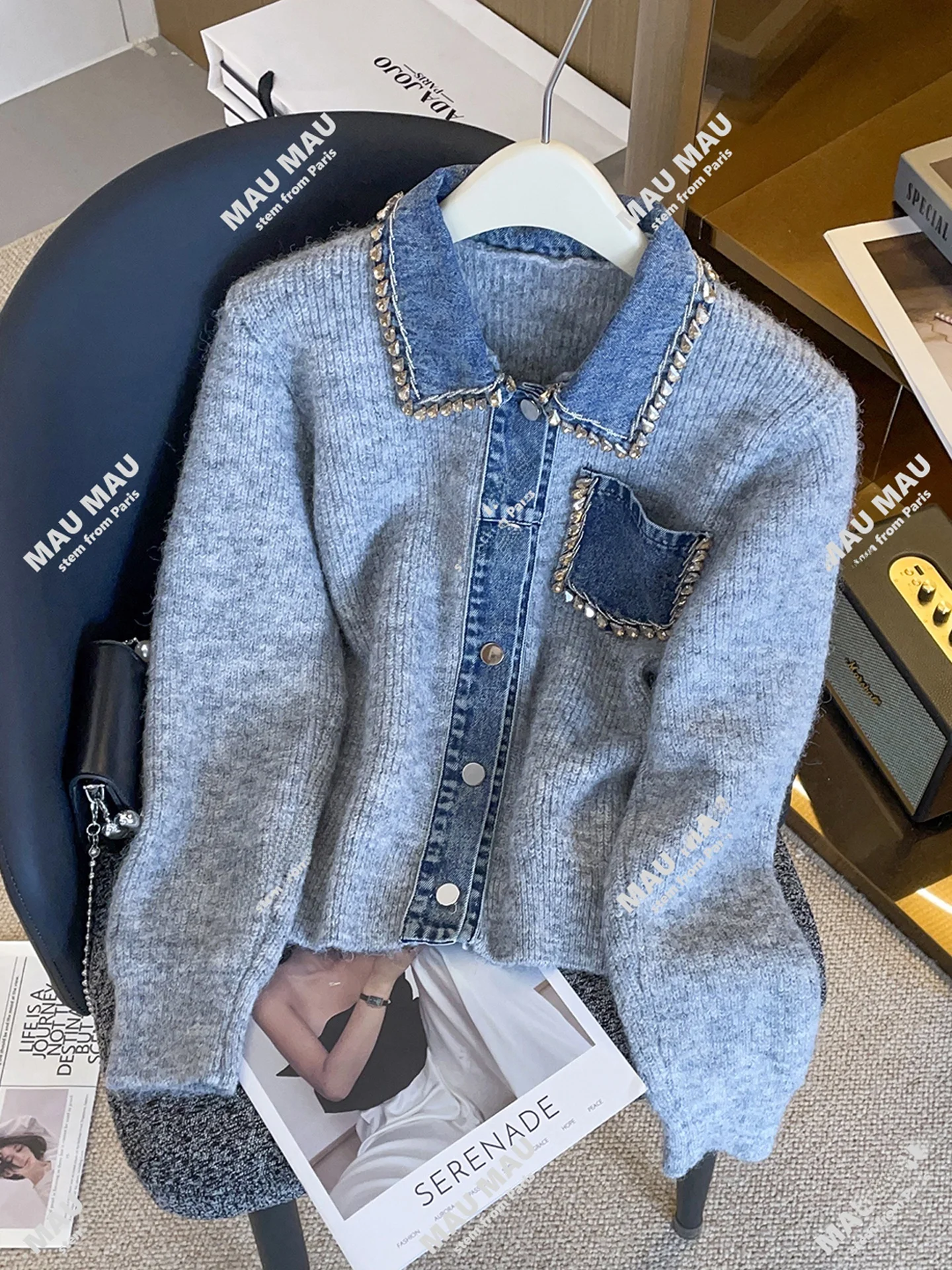 

Роскошный женский джинсовый вязаный кардиган, свитер с ромбовидными украшениями, повседневная зимняя верхняя одежда, мягкая, средняя, тонкая