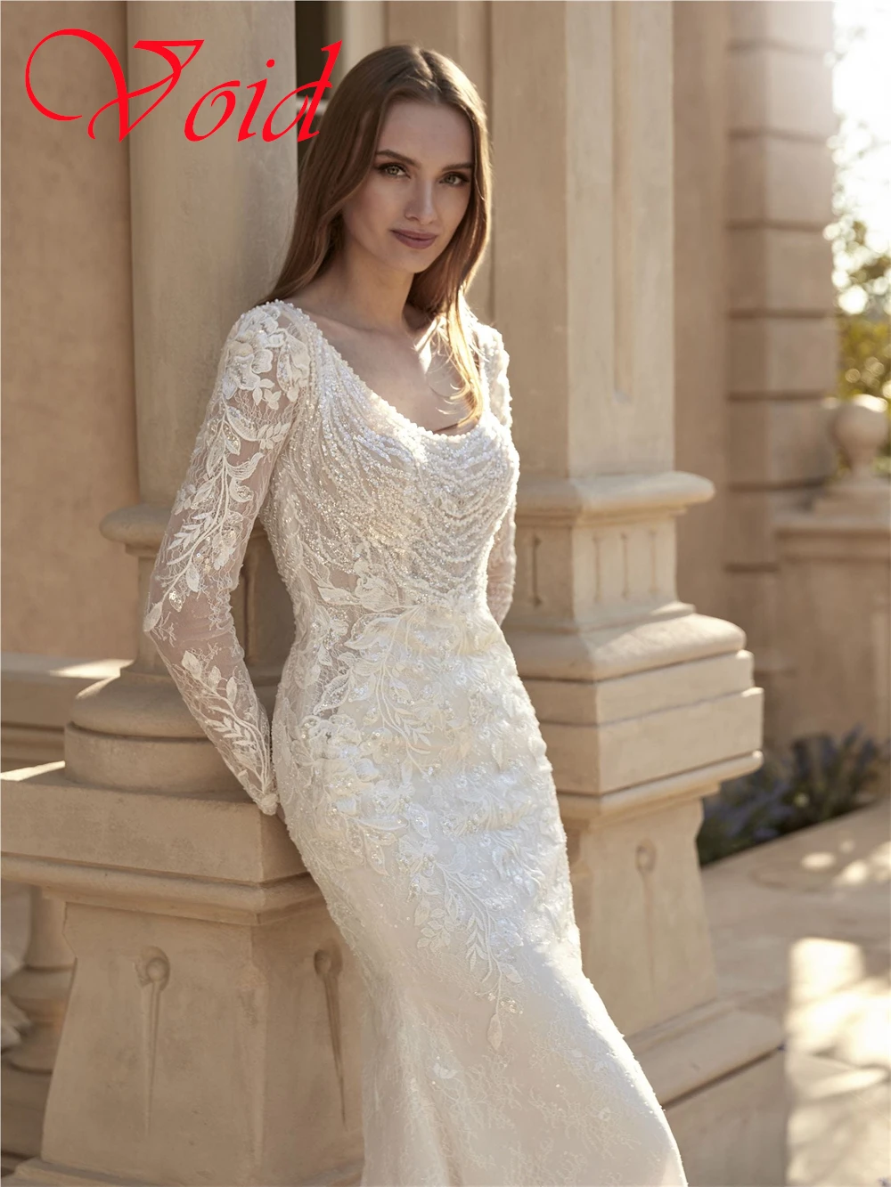 Abito da sposa in jersey bianco squisito personalizzato Temperamento Colletto quadrato Maniche lunghe Abiti da sposa sexy senza schienale per festa nuziale