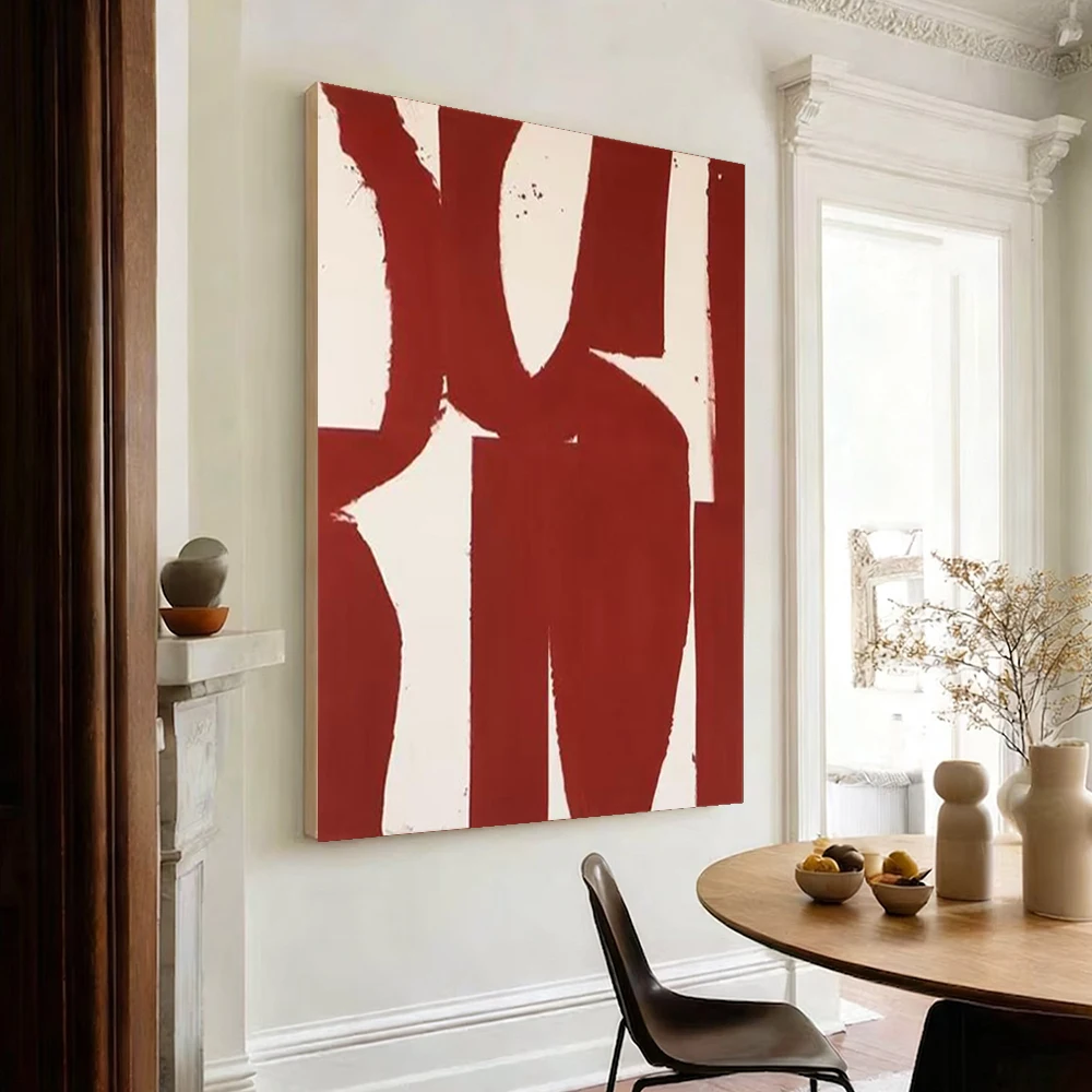 

Large Abstract Oil Painting Red & White Handmade Modern Minimalist Artwork Living Room Decorative Poster Mural