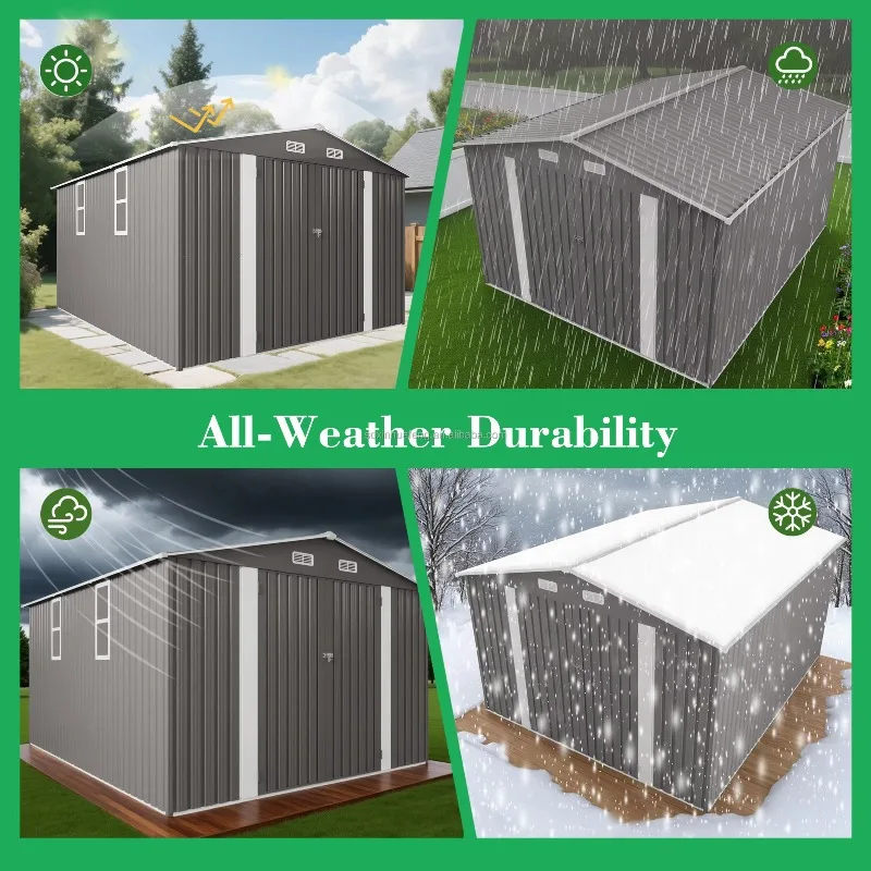 10*12FT Free Shipping Stock Metal Outdoor Storage Shed Waterproof Lockable Door Air Vents Rodent Proof Foundation Included