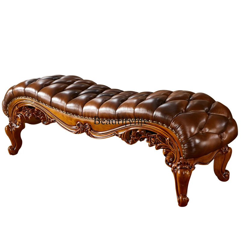 

European Style Solid Wood Carved Genuine Leather Top Layer Cowhide Shoe Changing Stool American Style Bedside Stool