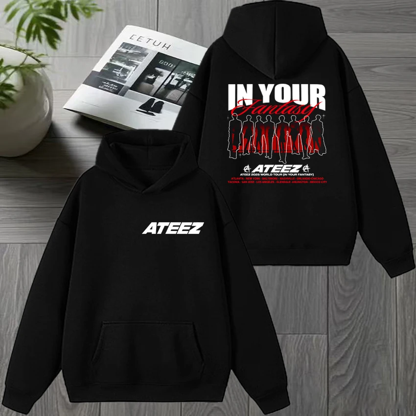 

Korea Ateez World Tour 2025 Double Sided print Hoodie Men women Trend Y2k pullover Autumn Winter Unisex Fleece Casual Sweatshirt
