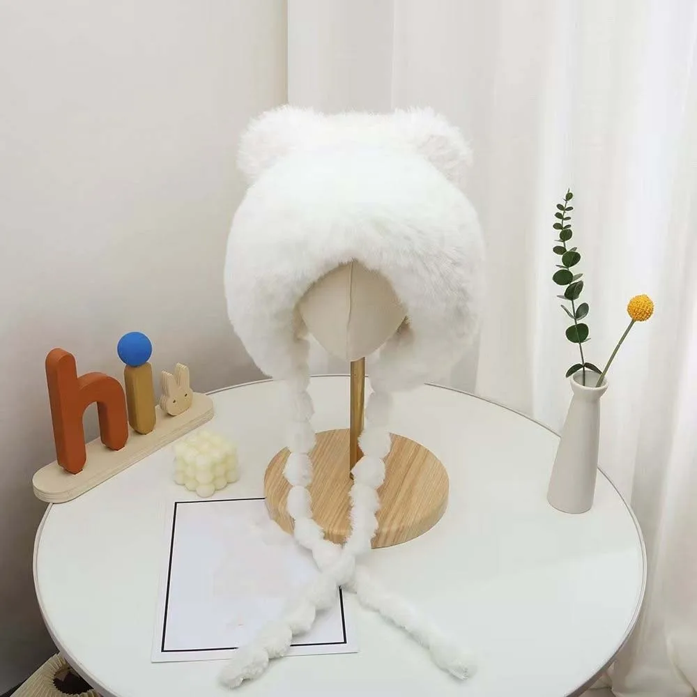 Fleece Lined Pompom Braids Hat Striped Knit Fur Brim Fleece Knit Beanie Windproof Soft Yarn Earflap Winter Cap Skiing