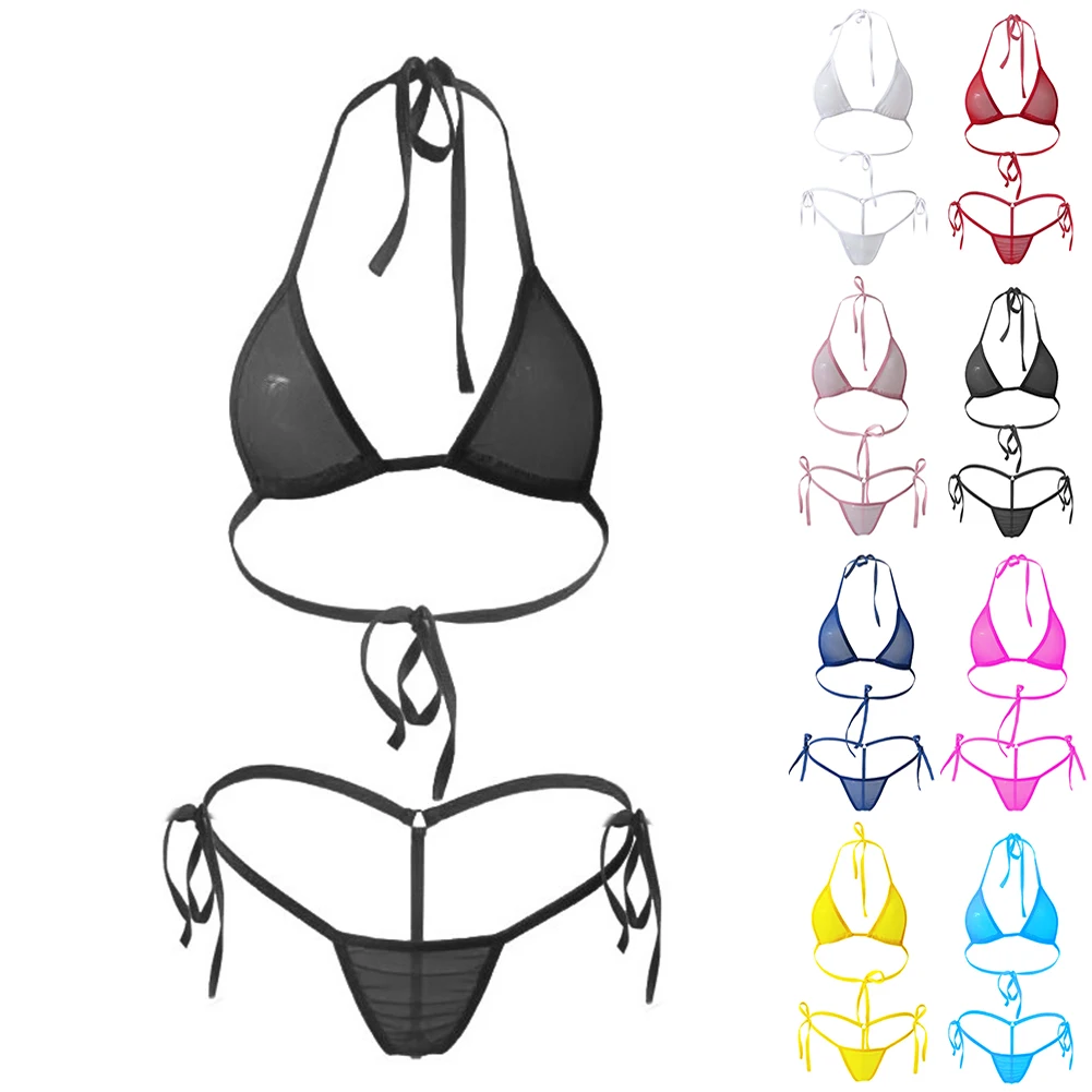 Bikini Sexy para mujer, traje de baño de tiro bajo, Tanga con espalda en T, ropa interior de perspectiva de malla ajustada, conjunto de sujetador, ropa de dormir erótica de seducción